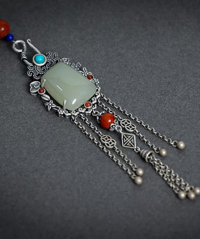 Chinesischen Stil Seide Sterling Silber Jade Kette Quaste Broschen TX008