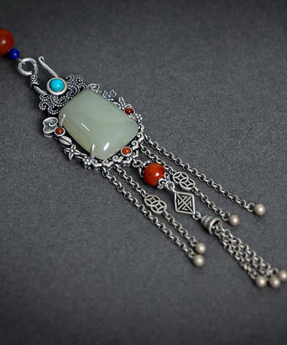 Chinesischen Stil Seide Sterling Silber Jade Kette Quaste Broschen TX008