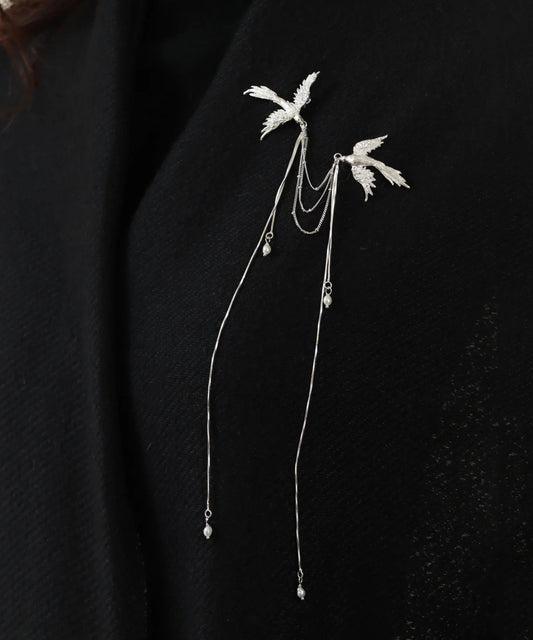 Brosche aus Sterlingsilber mit Quaste im chinesischen Stil, Seide, Perle, Phönix auf der Suche nach einem Partner, RA021