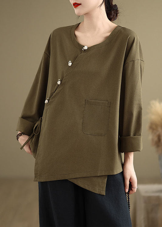 Haut en coton patchwork à col rond et boutons style chinois vert thé, printemps TJ012