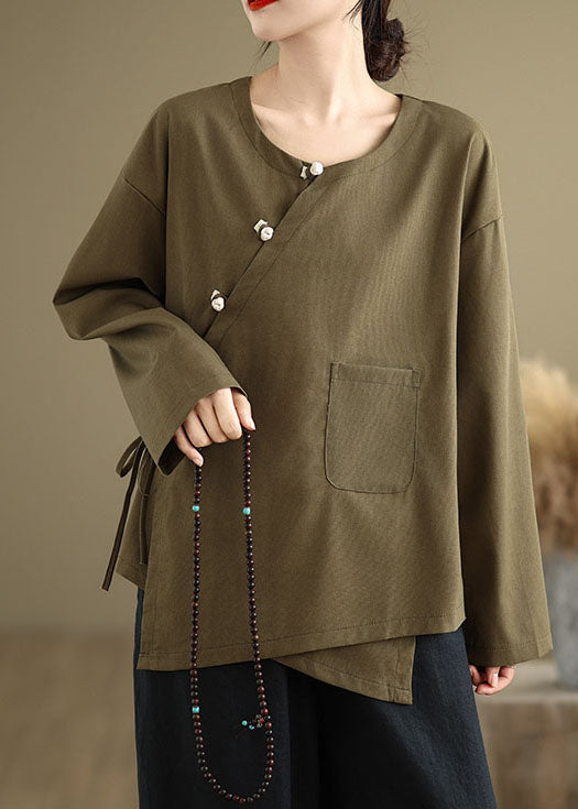 Chinesischen Stil Tee Grün O Neck Taste Patchwork Baumwolle Tops Frühling TJ012