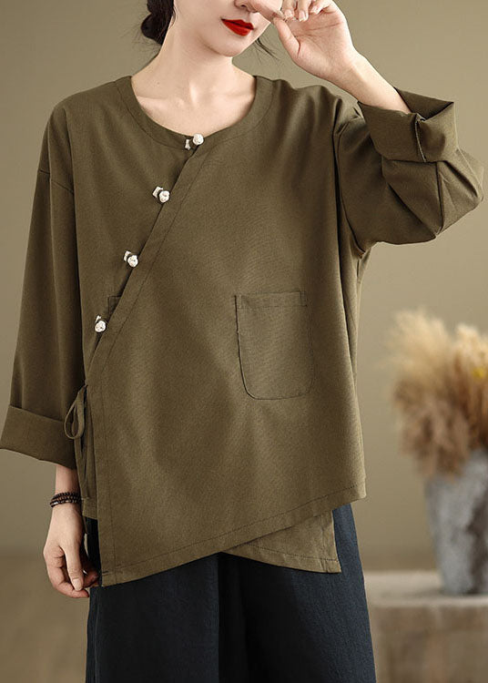 Chinesischen Stil Tee Grün O Neck Taste Patchwork Baumwolle Tops Frühling TJ012