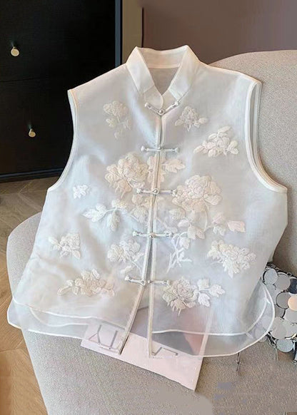 Gilet en tulle blanc brodé à boutons de style chinois sans manches JH022