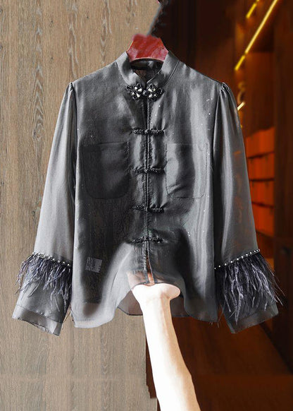 Chinese Style White Feathers Lace Patchwork Shirt Long Sleeve Ada Fashion