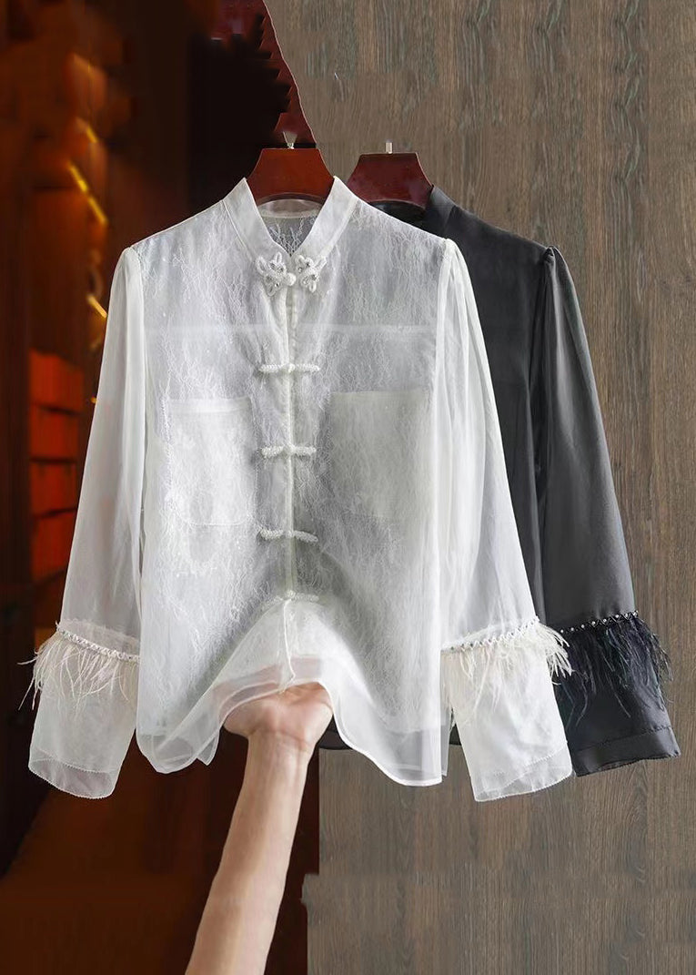 Chinese Style White Feathers Lace Patchwork Shirt Long Sleeve Ada Fashion