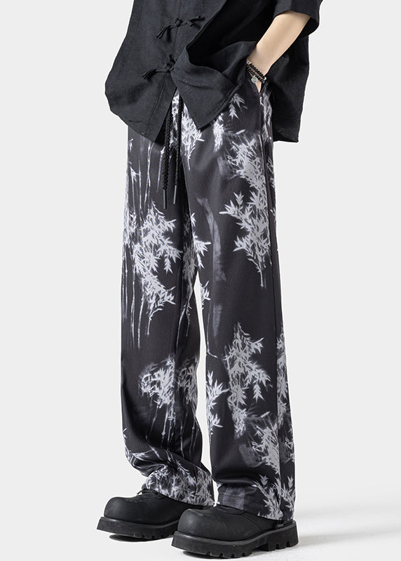 Chinese Style White Pockets Print Ice Silk Mens Pants Summer YT043