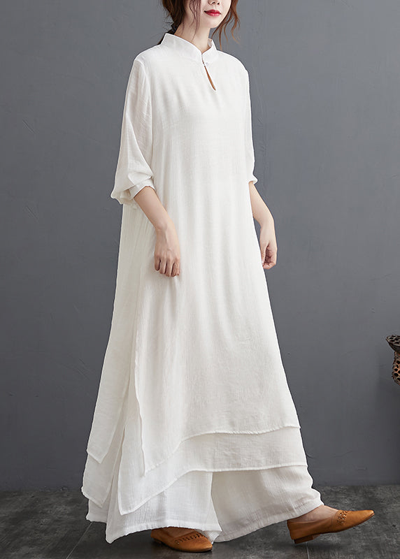 Chinese Style White Stand Collar Linen 2 Piece Outfit Spring Summer AP015