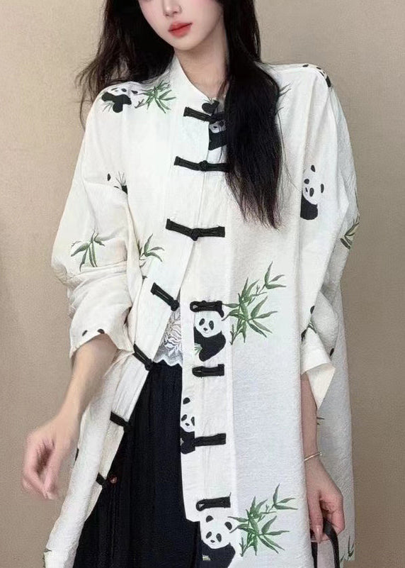 Chinese Style White Stand Collar Print Button Cotton Shirts Long Sleeve BV055