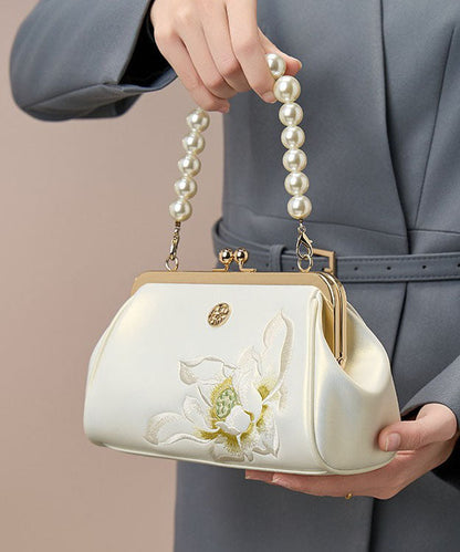 Cowhide Handbag Crossbody Embroidered White Pearl Chinese