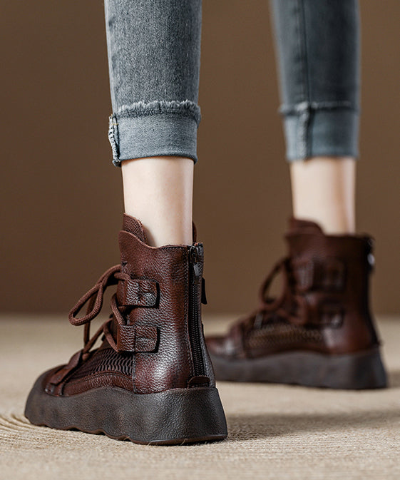 Breathable Platform Up Boots Out Chocolate Lace Splicing Hollow