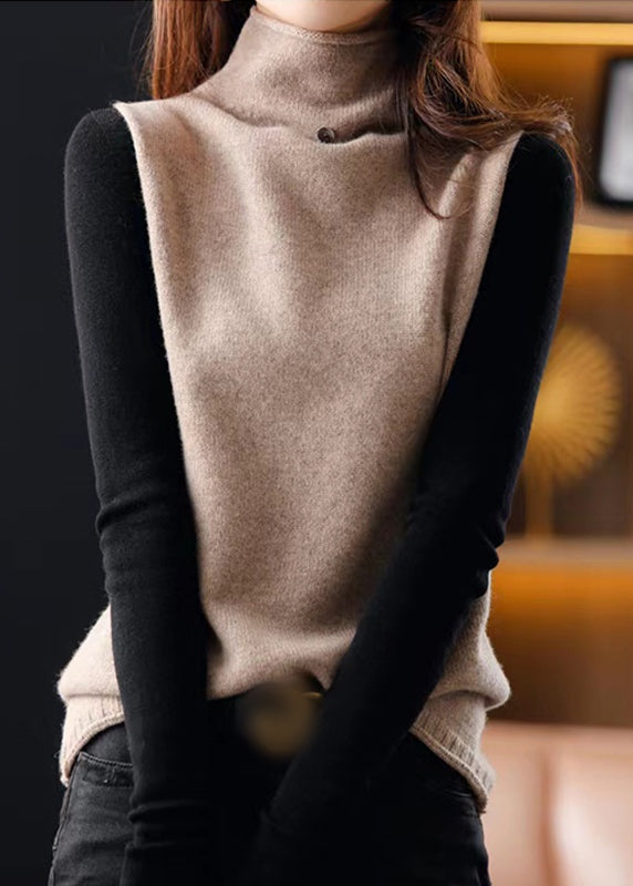 Beige Hign Neck Patchwork Woolen Knit Vest Sleeveless AH156