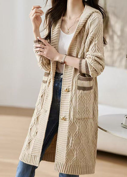 Cardigan ample en tricot beige élégant avec poches à capuche pour l'automne QS020