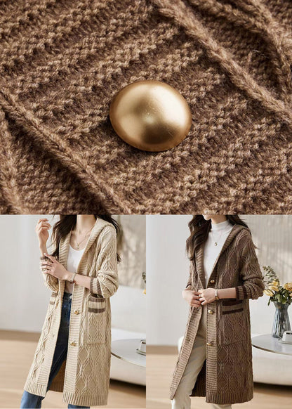 Cardigan ample en tricot beige élégant avec poches à capuche pour l'automne QS020