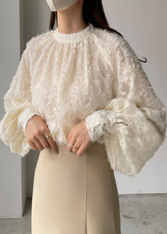 Edles beiges Chiffon-Hemd mit Quasten und Laternenärmeln TZ012