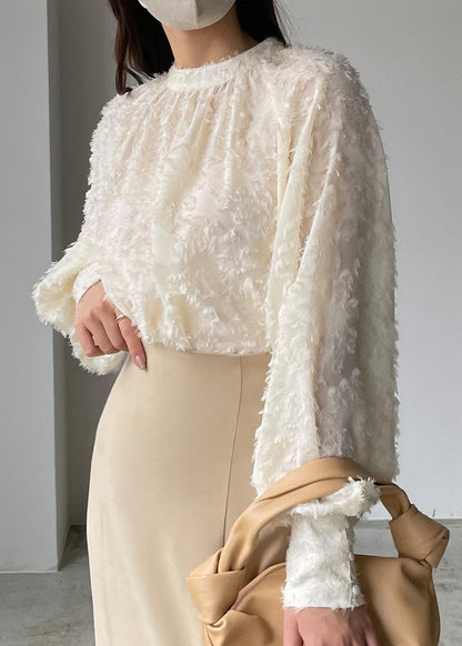 Edles beiges Chiffon-Hemd mit Quasten und Laternenärmeln TZ012