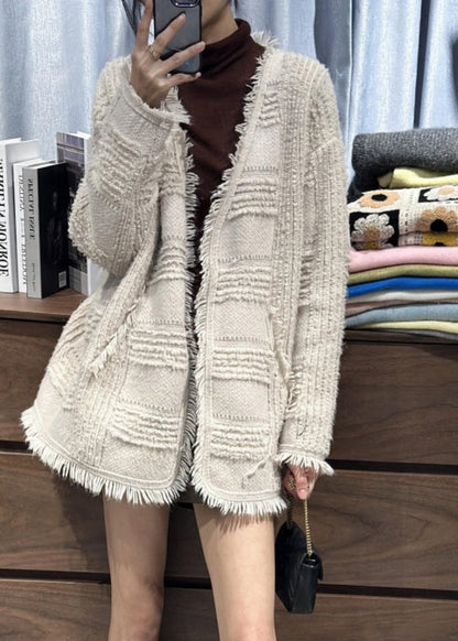 Edle beige V-Ausschnitt Quaste Woll-Strickjacken Herbst RL006