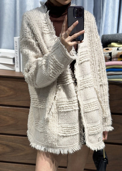 Edle beige V-Ausschnitt Quaste Woll-Strickjacken Herbst RL006