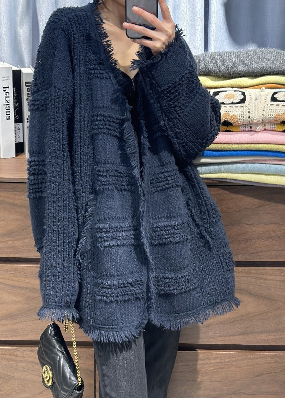 Edle beige V-Ausschnitt Quaste Woll-Strickjacken Herbst RL006