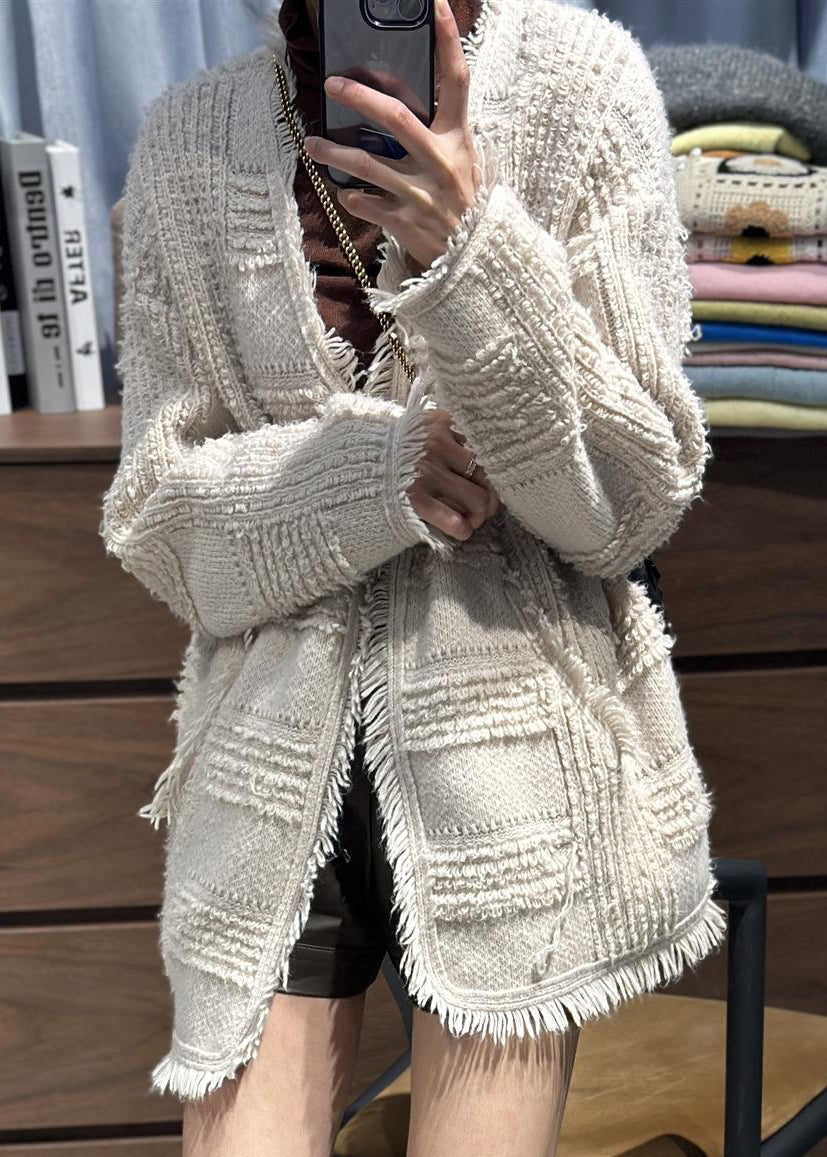 Edle beige V-Ausschnitt Quaste Woll-Strickjacken Herbst RL006