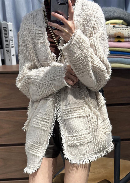 Edle beige V-Ausschnitt Quaste Woll-Strickjacken Herbst RL006