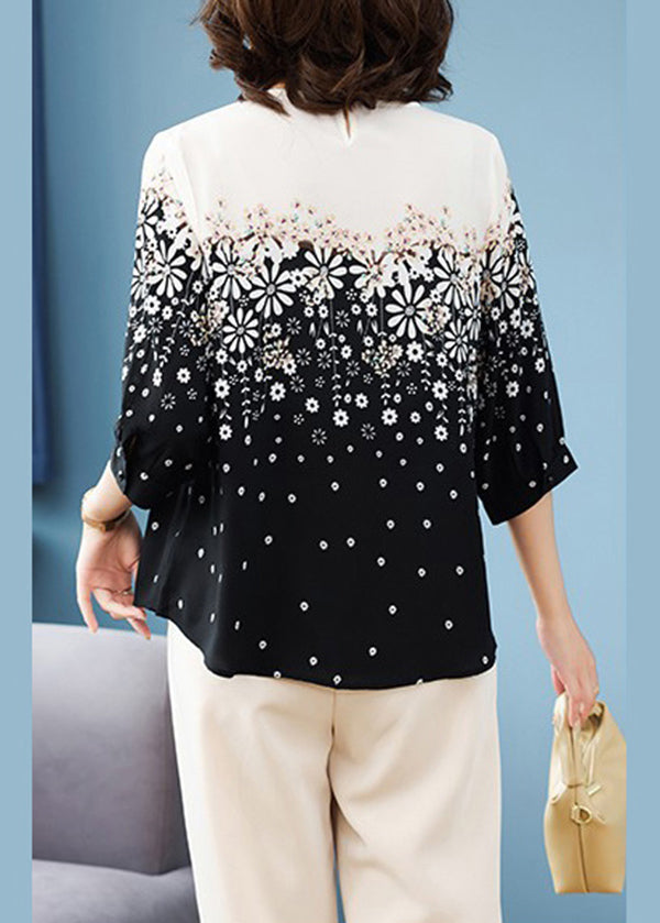 Chemises d'été noires élégantes à col rond et imprimé en mousseline