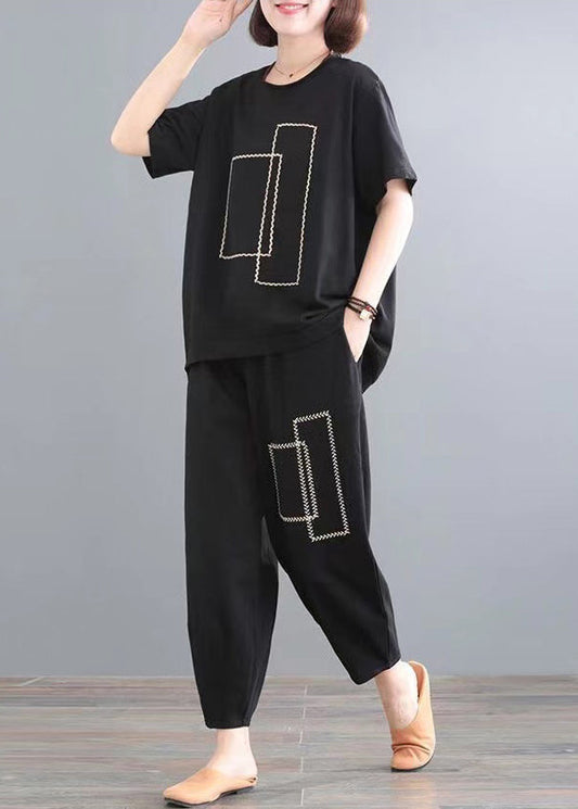 Cotton Summer Classy Oversized Outfits Black Piece Two Set