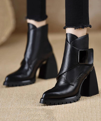 Edle schwarze Stiefeletten mit dickem Absatz und Splicing-Effekt TE016