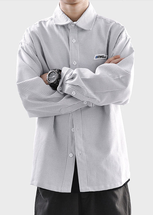 Button Shirts Gestreift Frühling Herren Edel Schwarz Baumwolle