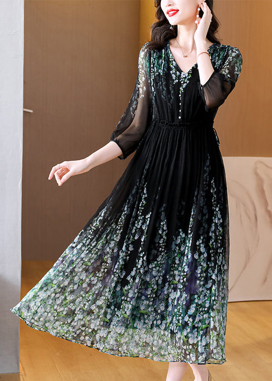 Wrinkled Neck Classy Dress Drawstring V Silk Black Long Print