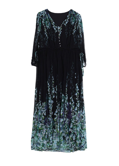 Wrinkled Neck Classy Dress Drawstring V Silk Black Long Print