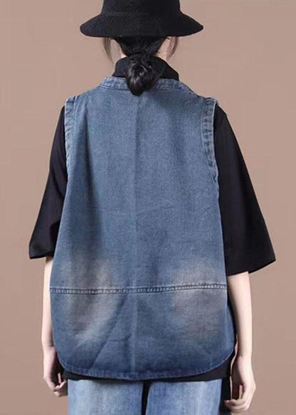 Gilet en jean bleu élégant avec poches boutonnées et patchwork QS058