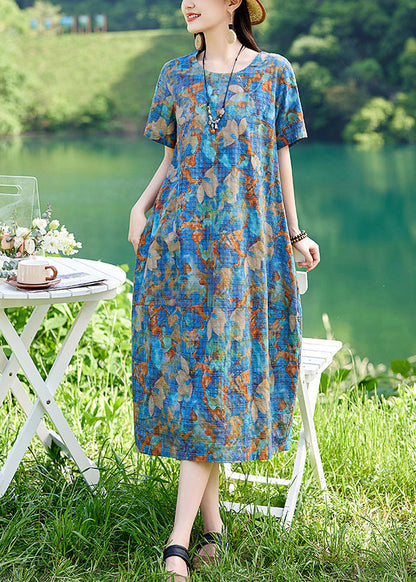 Drucken Baumwolle Lange Blau Kleid Sommer Classy O-Ausschnitt