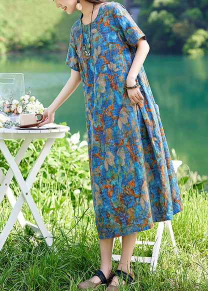 Drucken Baumwolle Lange Blau Kleid Sommer Classy O-Ausschnitt