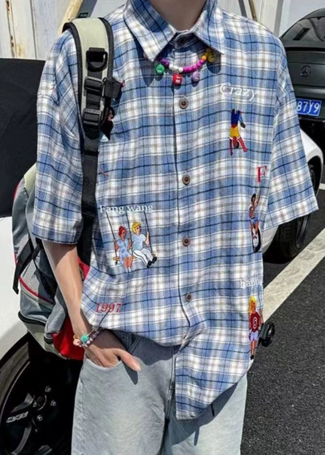 Hemden Baumwolle Plaid Print Halbe Taste Classy Blau männer