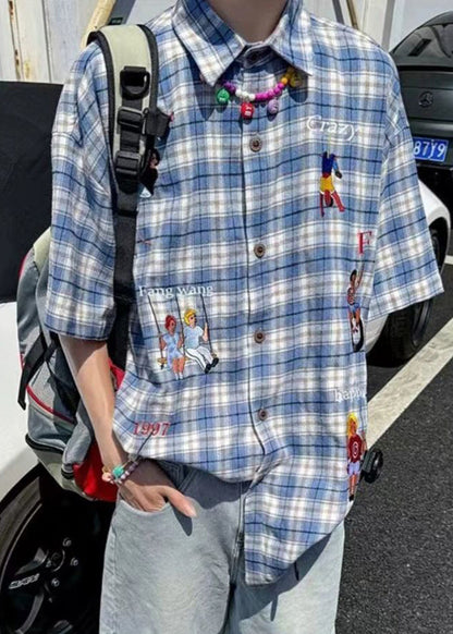 Hemden Baumwolle Plaid Print Halbe Taste Classy Blau männer