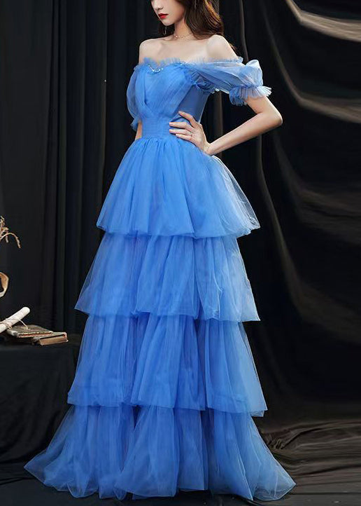 Classy Blue Ruffled Layered Patchwork Tulle Party Dresses Summer ZL067