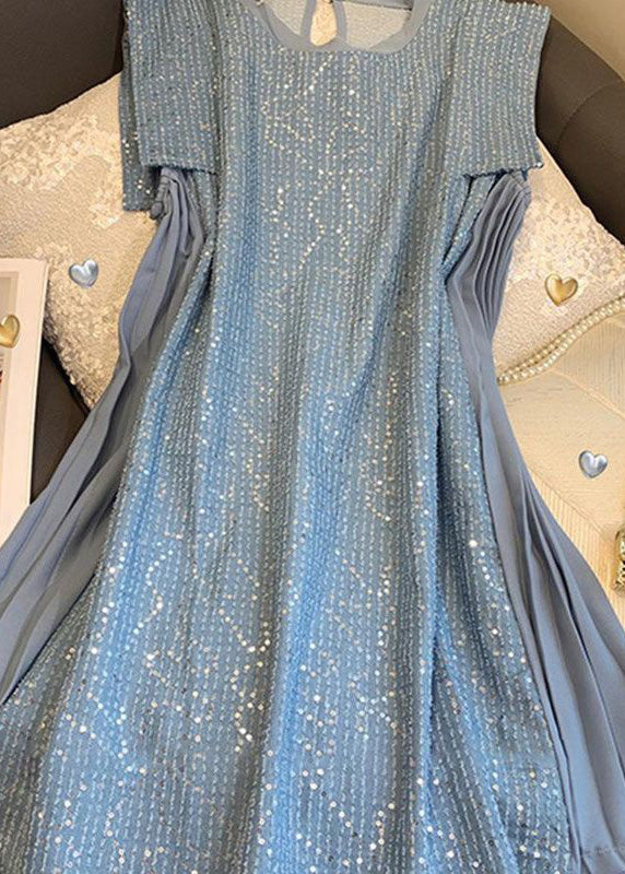 Classy Blue Sequins Patchwork Cotton Mid Dress Sleeveless ZL035