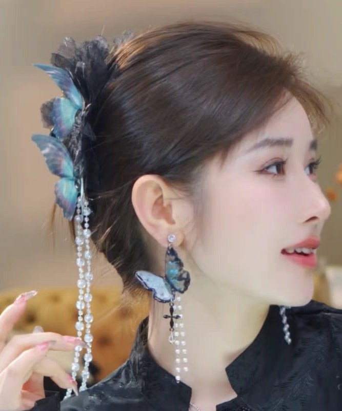 Fabric Pearl Blue Hairpin Tassel Classy Zircon