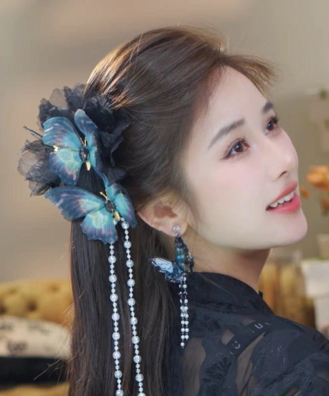 Fabric Pearl Blue Hairpin Tassel Classy Zircon