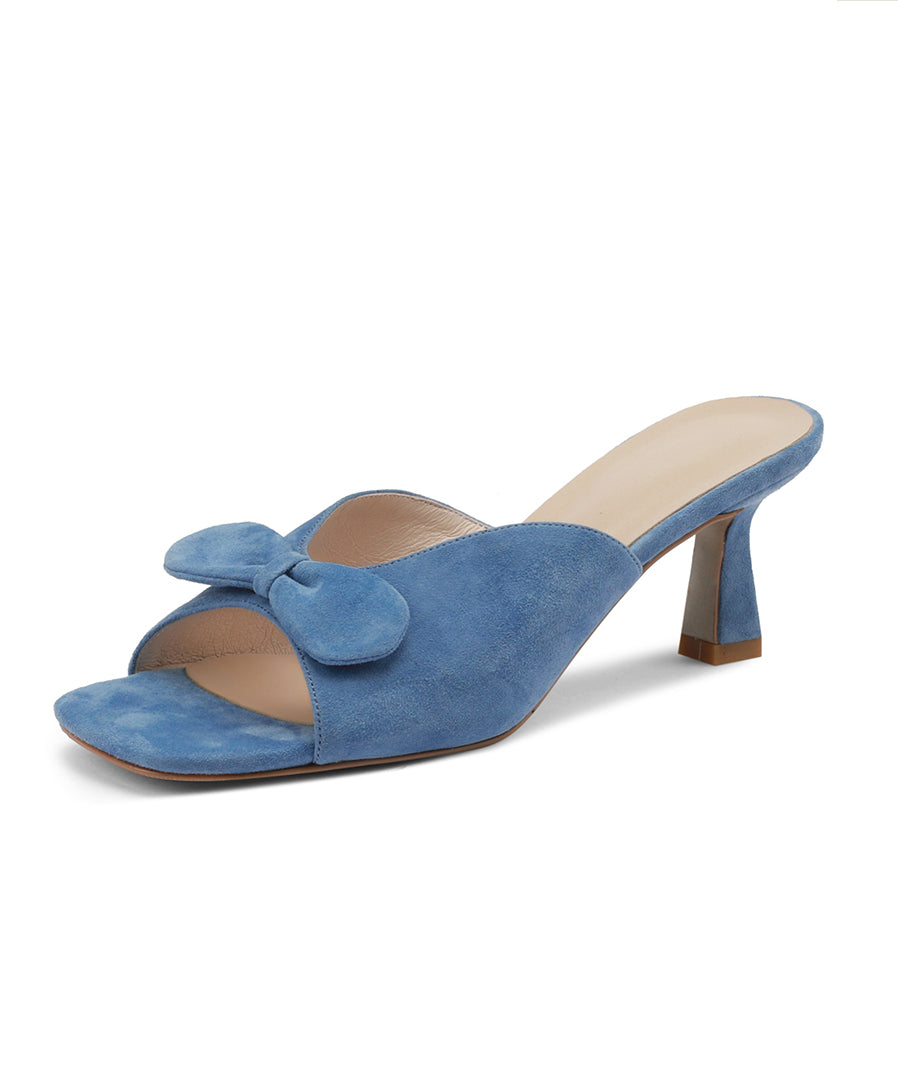 Classy Bow Splicing High Heel Blue Suede Slide Sandals AA034