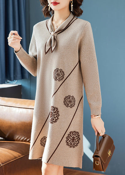 Robe pull en tricot à imprimé nœud camel chic, printemps TQ017