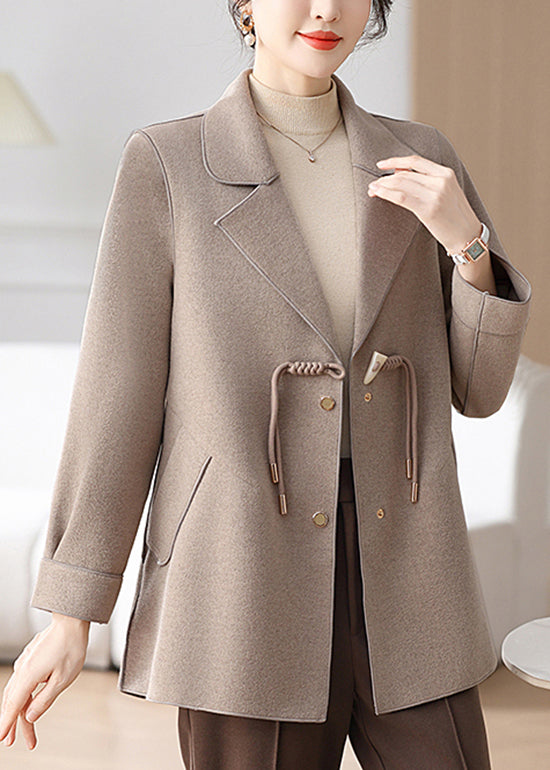 Classy Camel Notched Tassel Pockets Woolen Coat Winter RS028