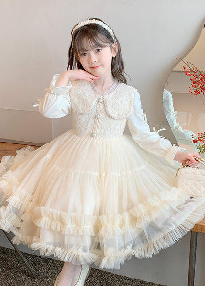 Robe longue élégante en tulle à volants et perles pour enfants, couleur champagne, patchwork, automne QV040