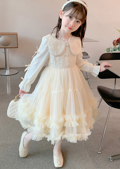 Robe longue élégante en tulle à volants et perles pour enfants, couleur champagne, patchwork, automne QV040