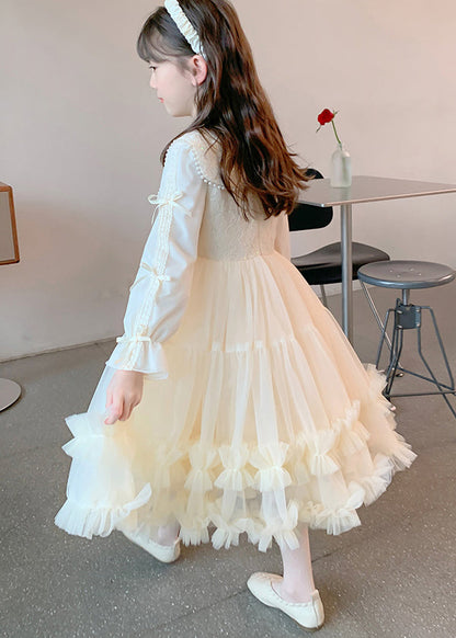 Robe longue élégante en tulle à volants et perles pour enfants, couleur champagne, patchwork, automne QV040