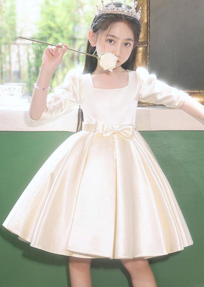 Robe mi-longue en satin à col carré et nœud pour enfants, couleur champagne, élégante, demi-manches, QV015