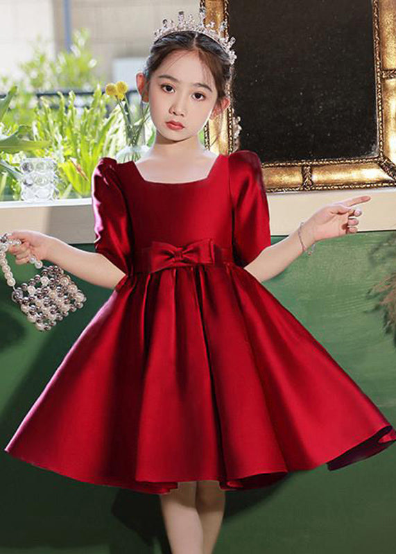 Classy Champagne Square Collar Bow Satin Kids Mid Dresses Half Sleeve QV015