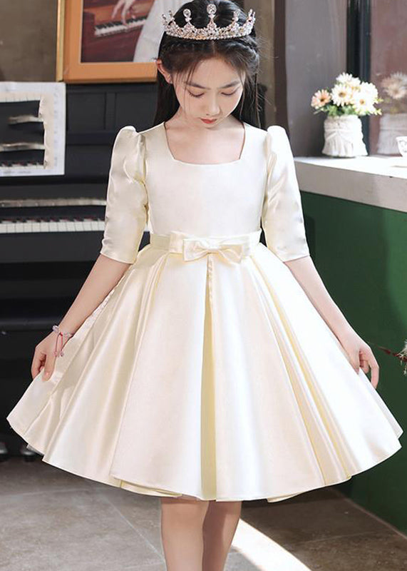 Classy Champagne Square Collar Bow Satin Kids Mid Dresses Half Sleeve QV015