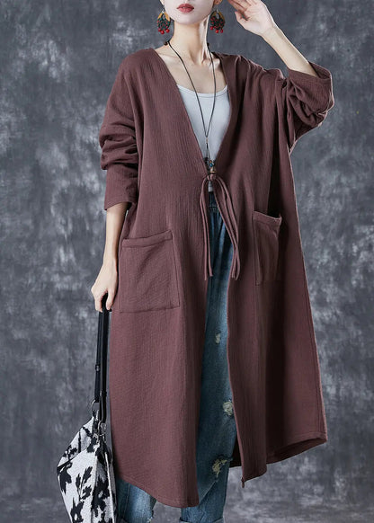 Classy Chocolate Oversized Chinese Button Linen Long Cardigan Spring Ada Fashion