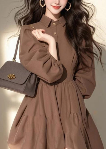 Kragen Pan Classy Kleid Kaffee Mid Button Patchwork Half Peter